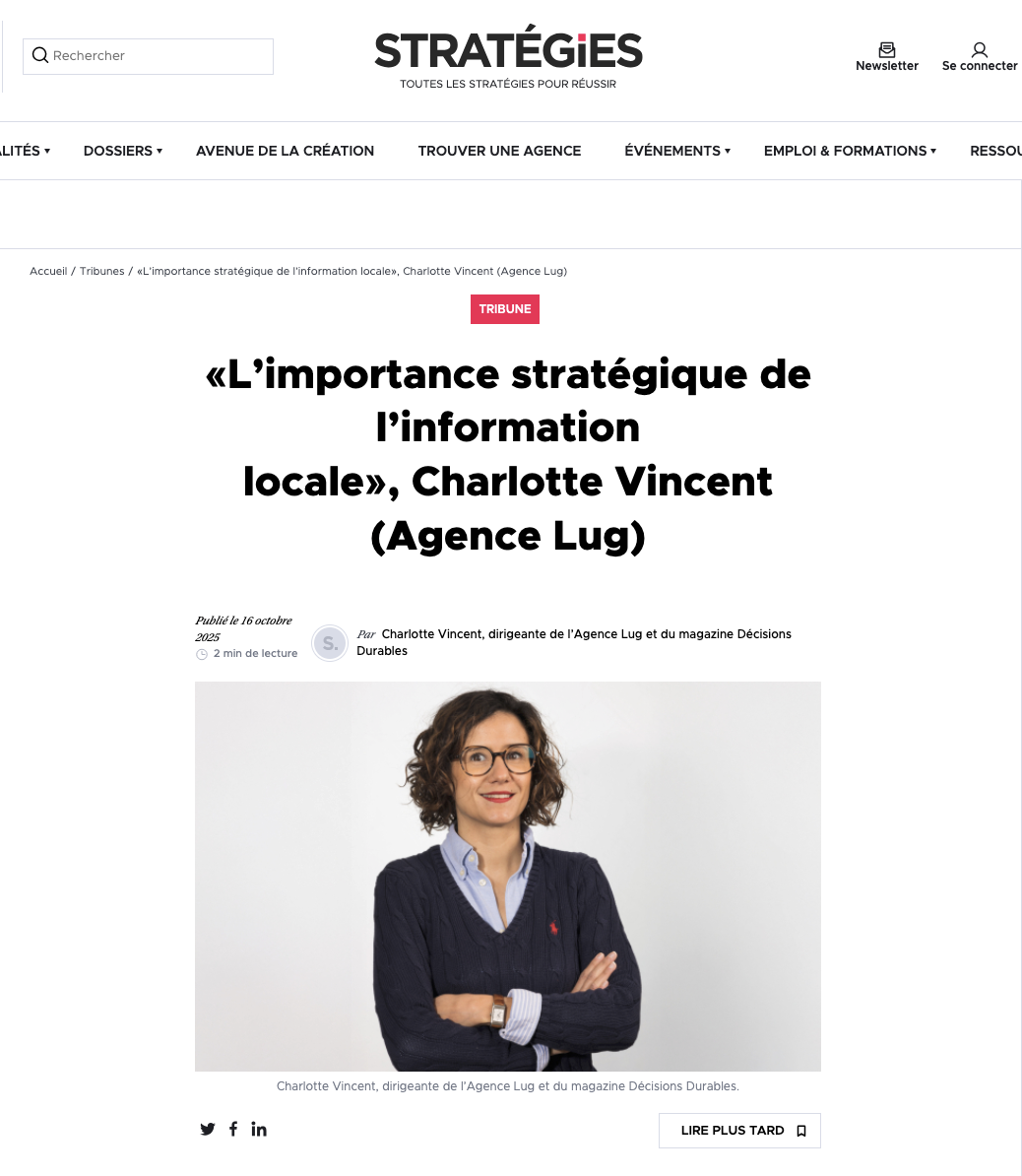 Tribune de Charlotte Vincent dans Stratégies - Agence Lug